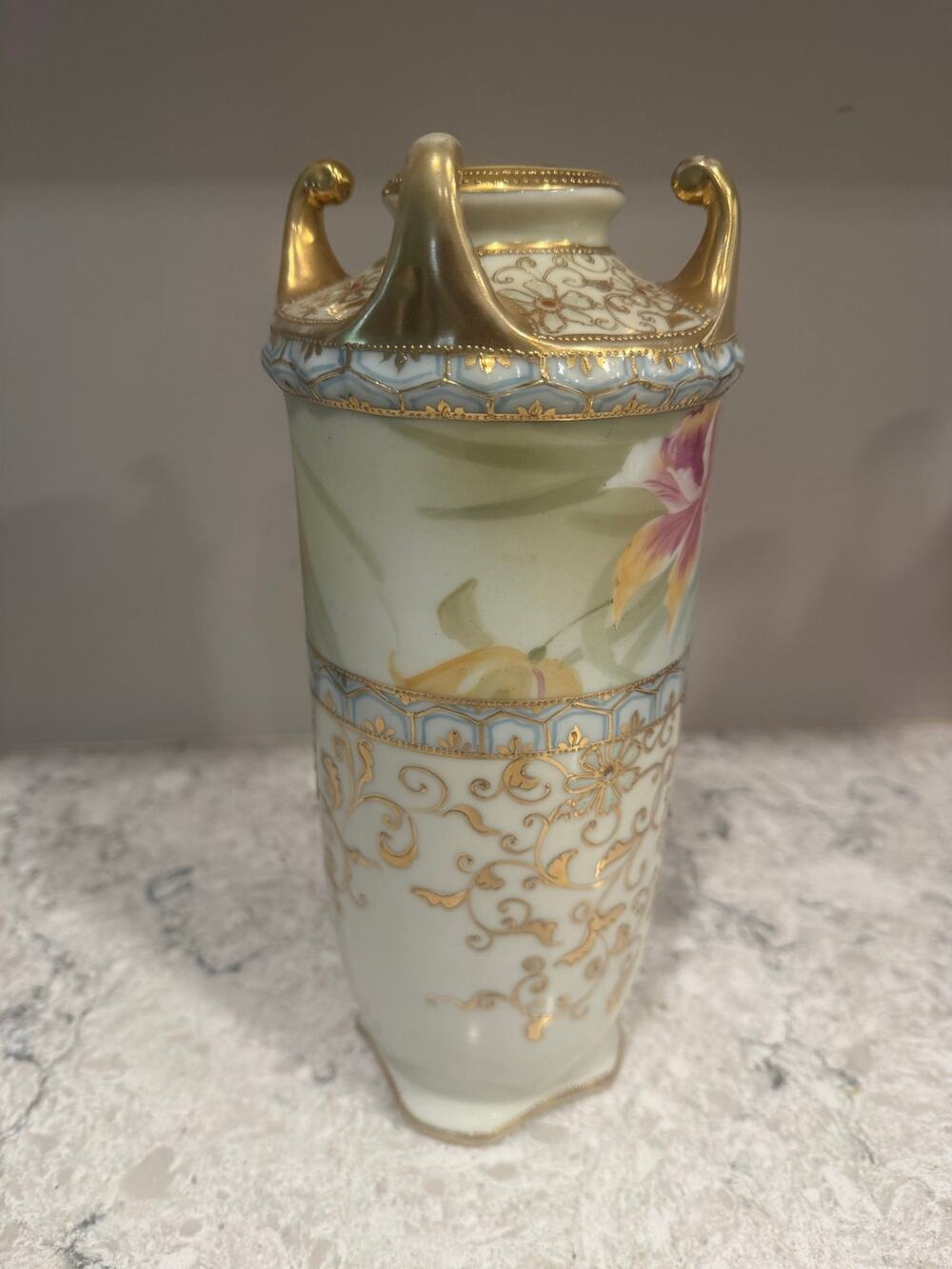 Antique Japanese Nippon Porcelain Vase Ornate Gilded Handles